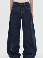 fano Deep Blue Natural Waist Relaxed Casual Zip Fly No Stretch Wide Leg Jeans
