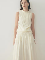 someone sometimes Original Slim Tie Detail Stand Collar Sleeveless Cream Pullover Top & Skirt Sets