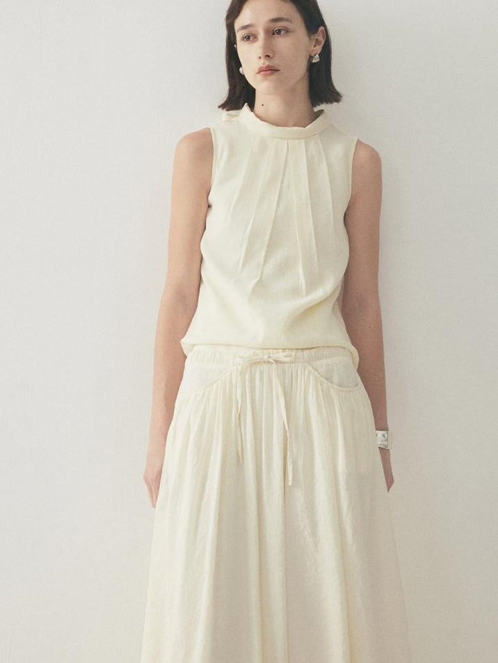 someone sometimes Original Slim Tie Detail Stand Collar Sleeveless Cream Pullover Top & Skirt Sets