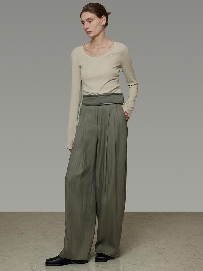 unspoken High Waist Breathable Lyocell Blend Minimal Office Moss Green Wide Leg Pants