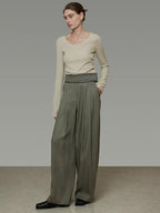 unspoken High Waist Breathable Lyocell Blend Minimal Office Moss Green Wide Leg Pants