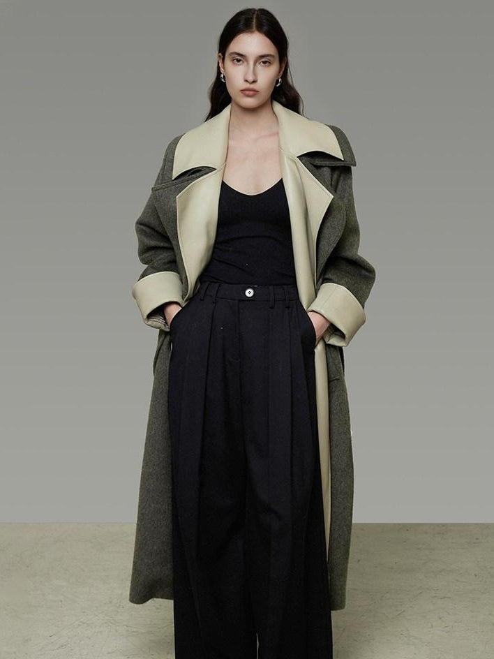 unspoken Minimal Commuter Oversized Long Notch Collar Olive Green Wool Blend Wool Coats