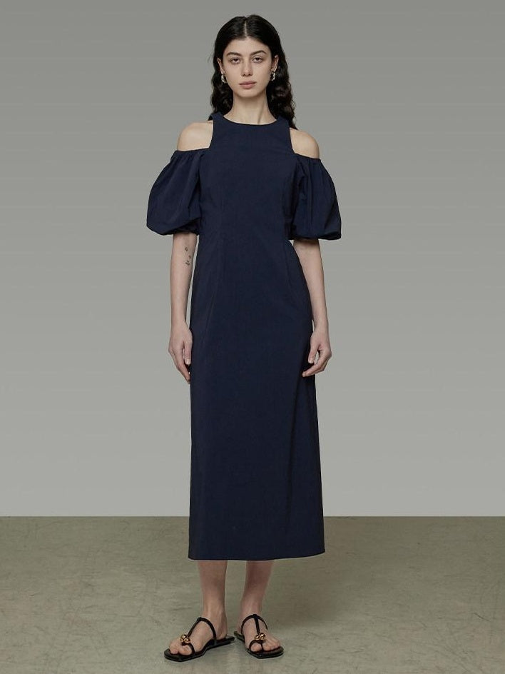 unspoken Slimming Waist A Line Irregular Hem Puff Sleeve City Navy Maxi Dresses