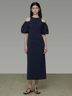unspoken Slimming Waist A Line Irregular Hem Puff Sleeve City Navy Maxi Dresses
