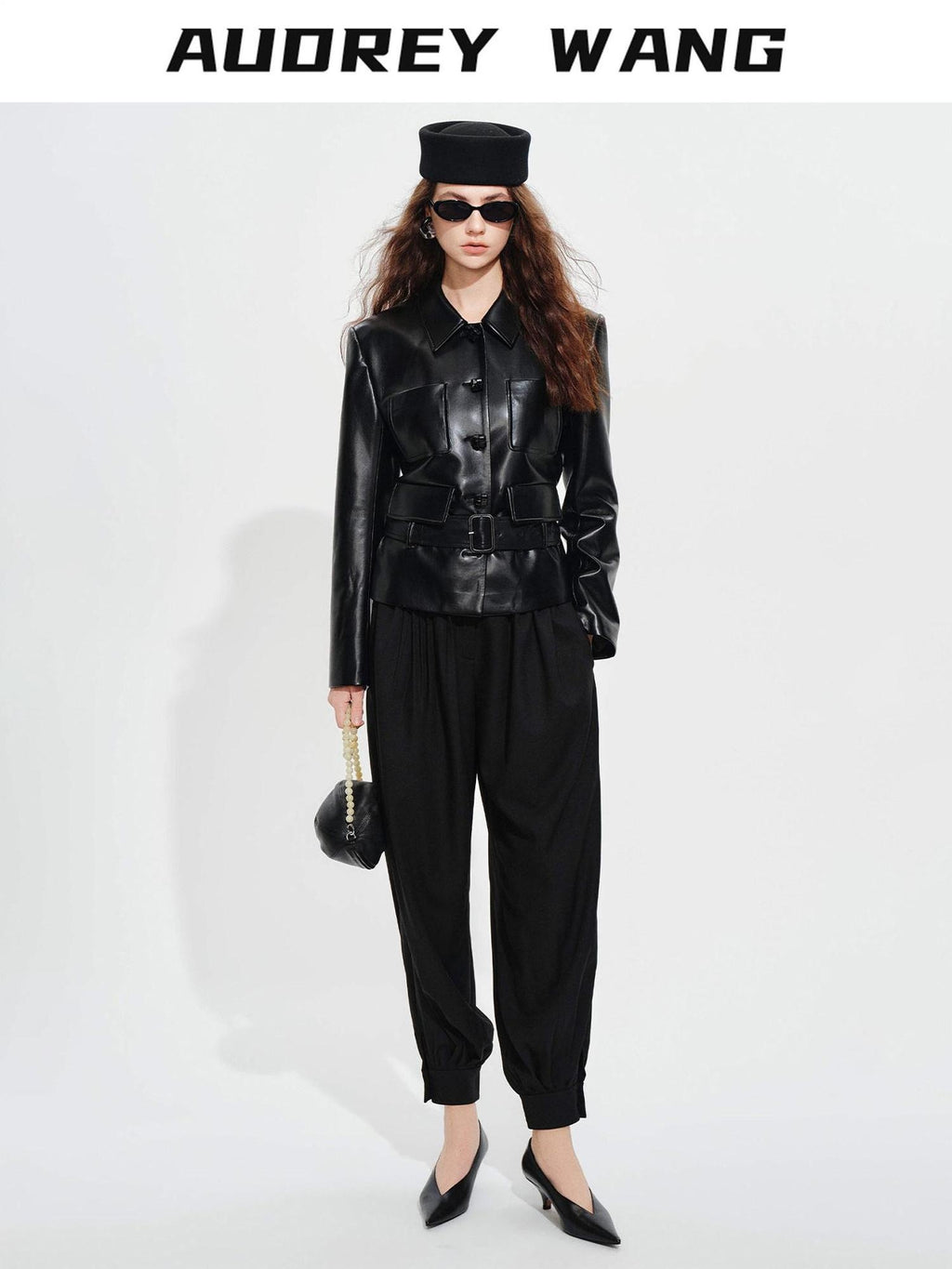 audreyyang Belted Lambskin Slim Fit Short Lapel Long Sleeve Black Genuine Leather Jackets