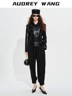 audreyyang Belted Lambskin Slim Fit Short Lapel Long Sleeve Black Genuine Leather Jackets