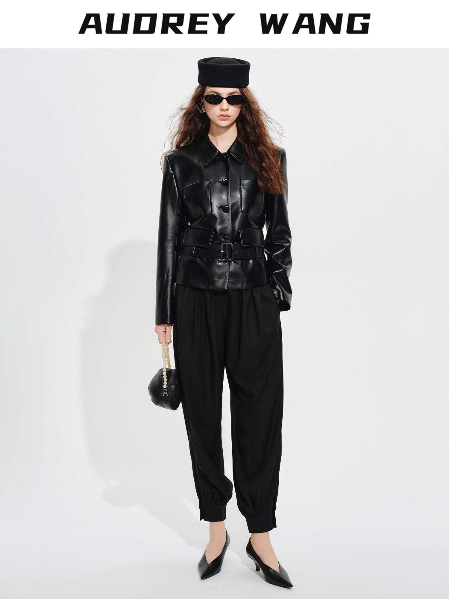 audreyyang Belted Lambskin Slim Fit Short Lapel Long Sleeve Black Genuine Leather Jackets