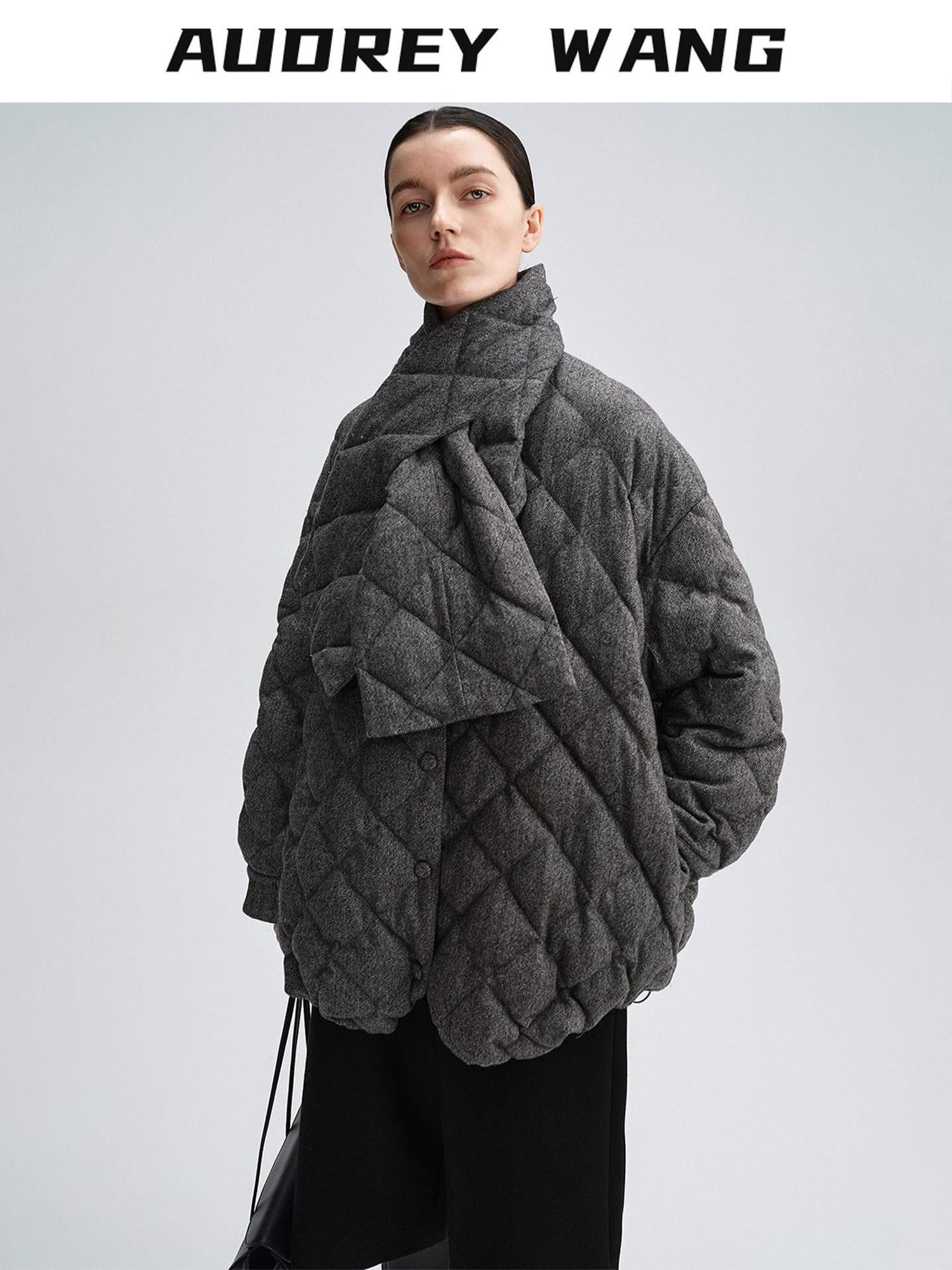 audreyyang 90 Percent Duck Down Warm Mid Length Diamond Quilt Wool Loose Women Down Jackets