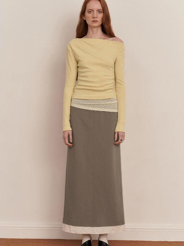 someone sometimes Elegant Patchwork Low Waist H Shape Straight Camel Women Daily Midi Skirts