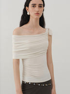 someonesometimes Slim Fit Knit Off Shoulder Casual Solid Apricot Gray Acrylic Stretch Women Top