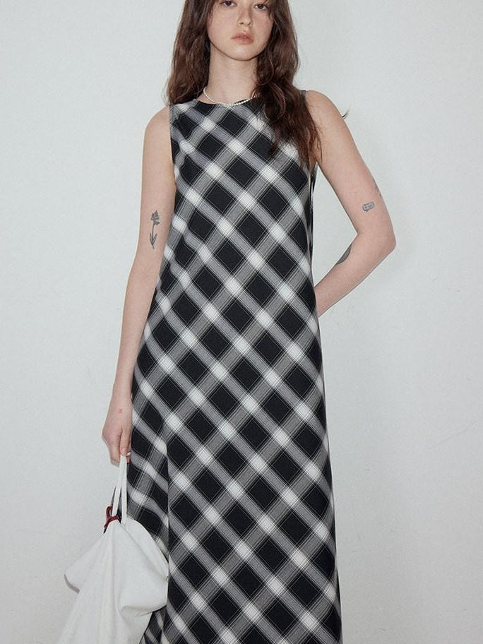 fano Plaid Sleeveless A Line Natural Waist Korean Office Casual Maxi Dresses