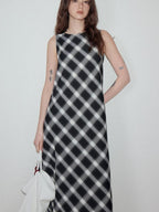 fano Plaid Sleeveless A Line Natural Waist Korean Office Casual Maxi Dresses