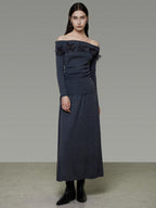 unspoken High Stretch Slim Knit Boat Neck Long Sleeve Dark Gray Office Top & Skirt Sets