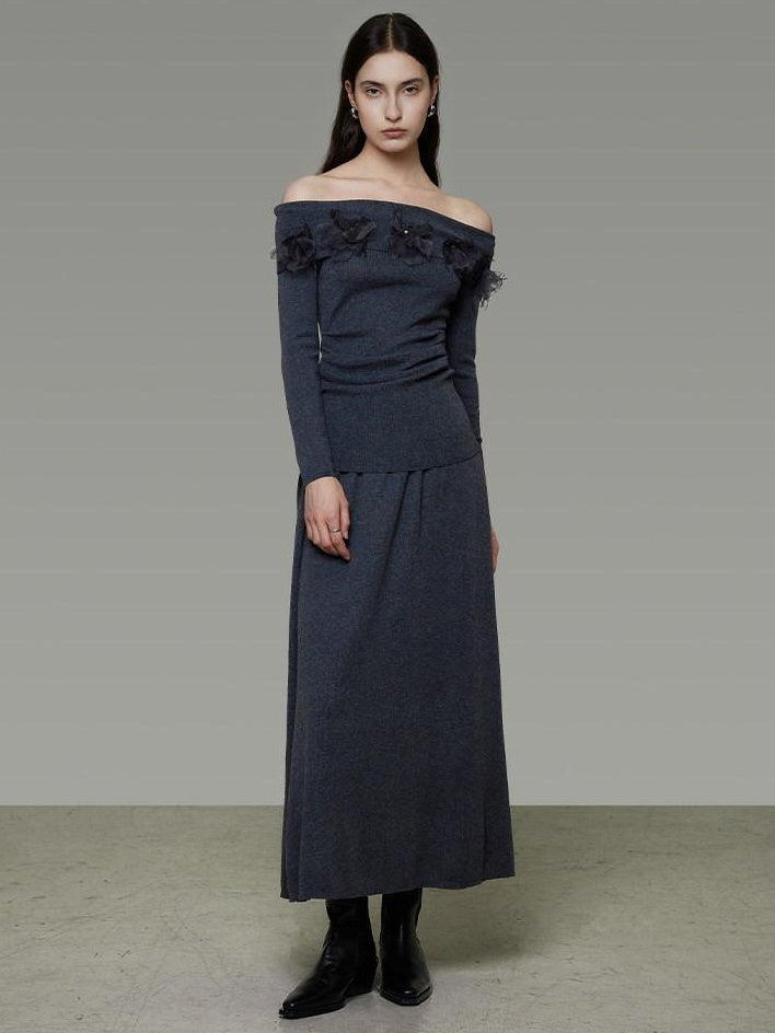 unspoken High Stretch Slim Knit Boat Neck Long Sleeve Dark Gray Office Top & Skirt Sets