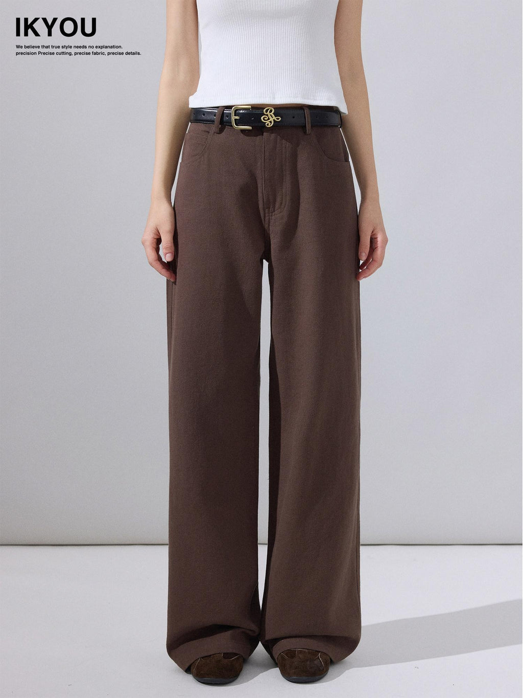 ikyou Stain Resistant Cotton Embroidered Natural Waist Brown Rigid Wide Leg Jeans