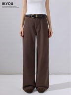 ikyou Stain Resistant Cotton Embroidered Natural Waist Brown Rigid Wide Leg Jeans