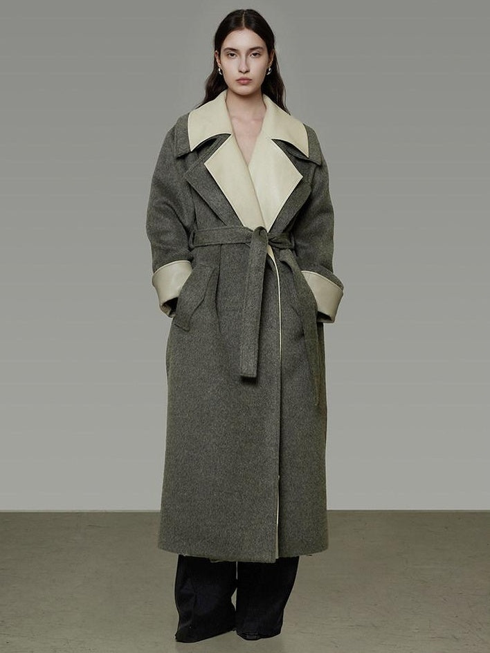 unspoken Minimal Commuter Oversized Long Notch Collar Olive Green Wool Blend Wool Coats