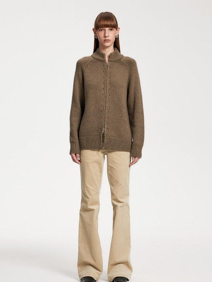 someone sometimes Acrylic Wool Blend Stand Collar Open Front Commuter Knit Brown Cardigans