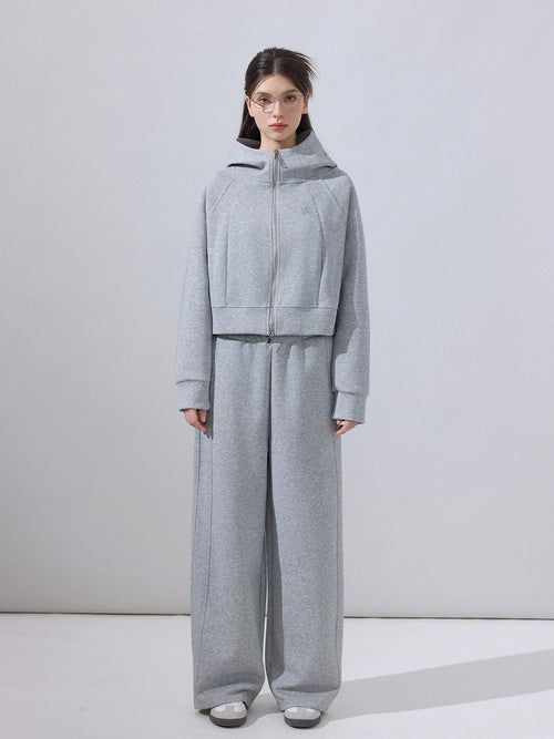 ikyou Embroidered Hooded Cropped Zipper Casual Women Cotton Blend Top & Pants Sets