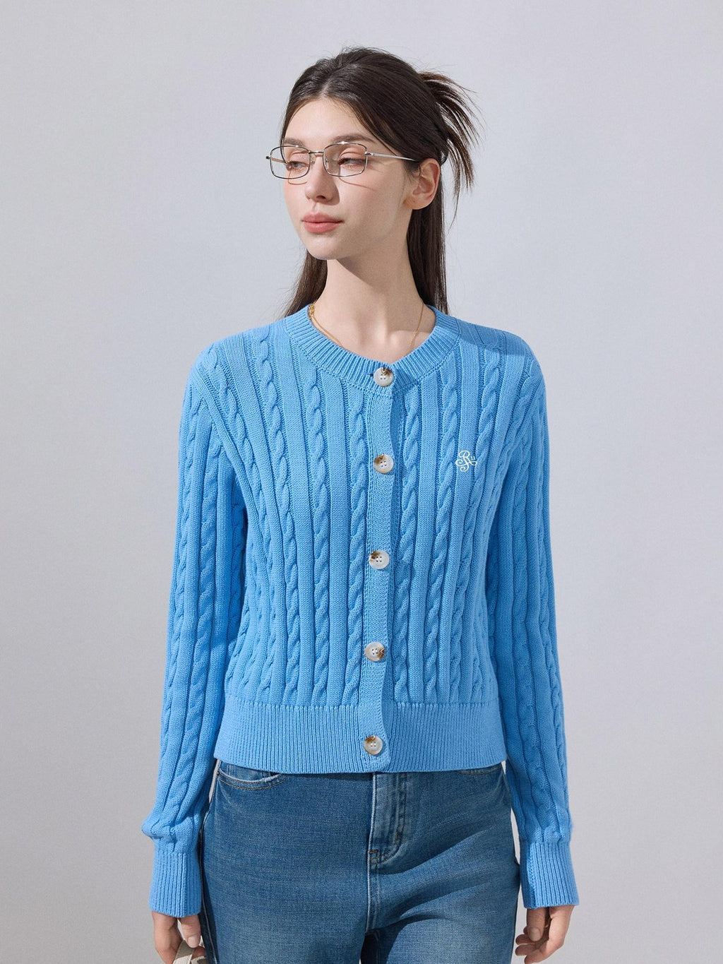 ikyou Soft Cotton Blend Preppy Regular Button Front Blue Casual Women Logo Cardigans