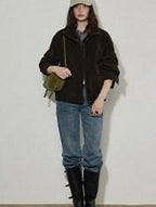 Lofi choose Zip Front Loose Fit Commuter Office Long Sleeve Dark Brown Women Cropped Jackets