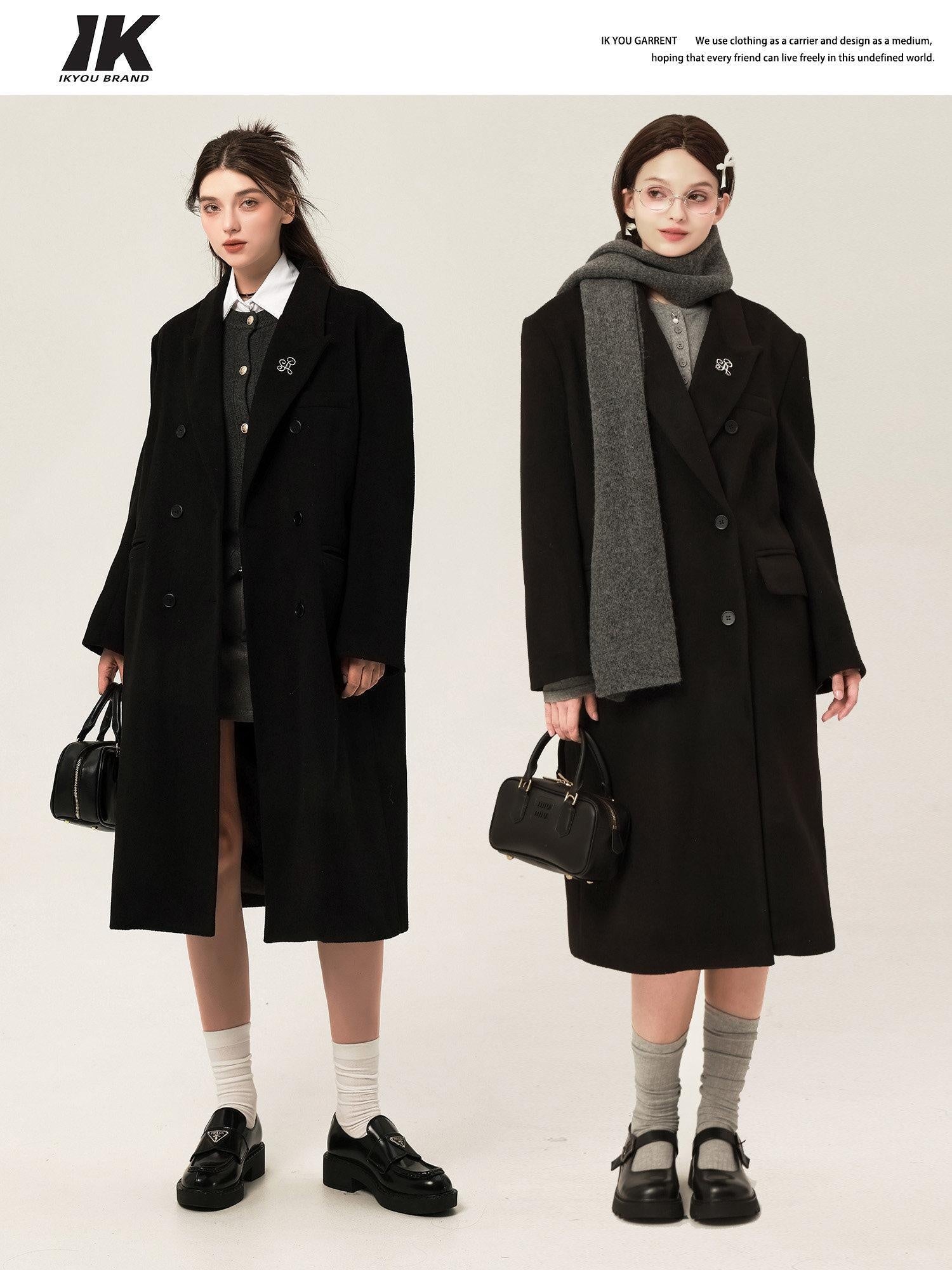 ikyou Wool Blend Double Breasted Straight Mid Length Office Tailored Black Long Coats