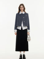 ikyou High Waist Embroidered A Line Casual Commuter Black Polyester Midi Skirts