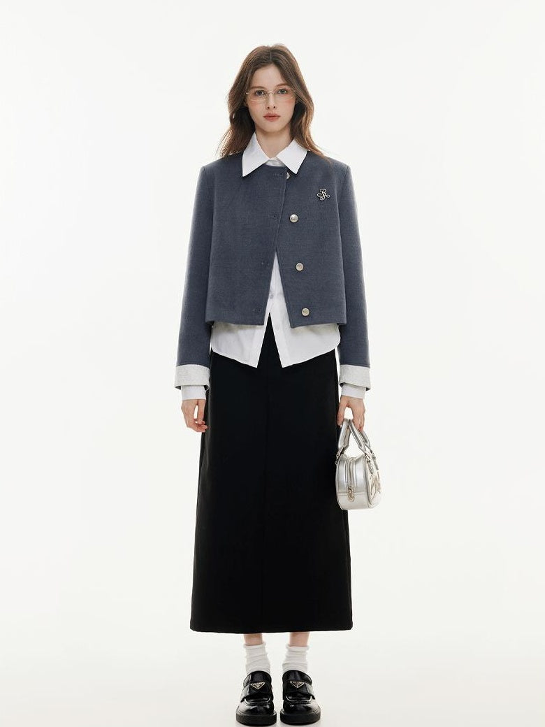 ikyou High Waist Embroidered A Line Casual Commuter Black Polyester Midi Skirts