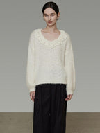 unspoken Cozy Minimal Commuter V-neck Crochet Knit Loose Women Pullover Sweaters