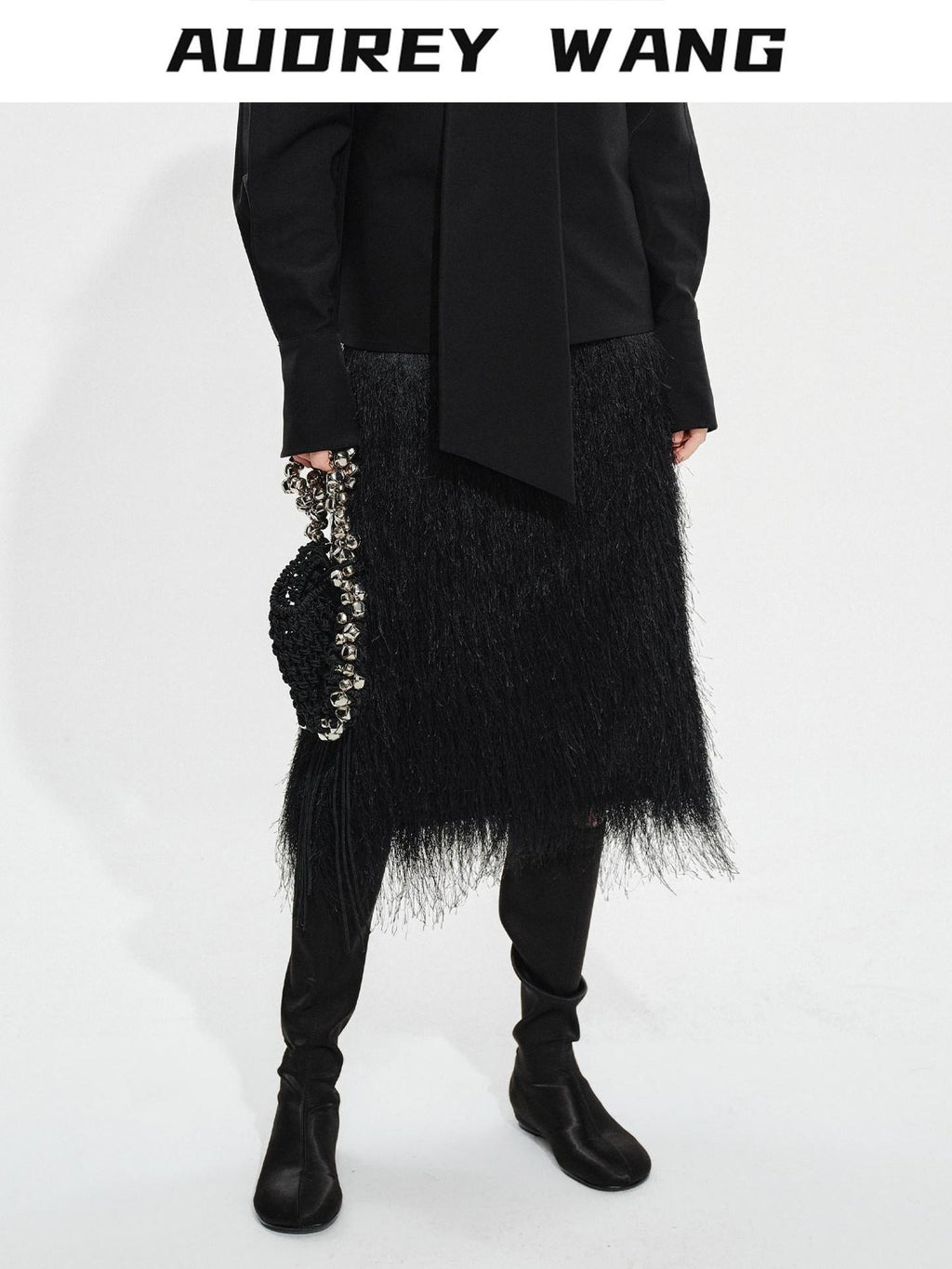 audreyyang Fringe Front Slit Mid Waist Straight Elastic Waist Lined Women Black Midi Skirts