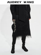 audreyyang Fringe Front Slit Mid Waist Straight Elastic Waist Lined Women Black Midi Skirts
