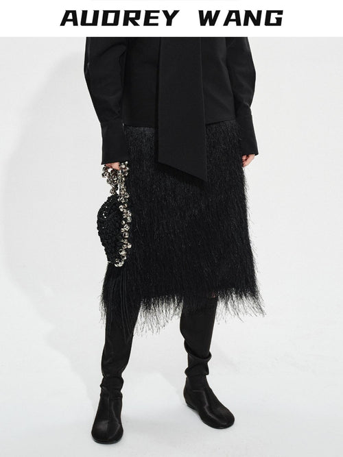 audreyyang Fringe Front Slit Mid Waist Straight Elastic Waist Lined Women Black Midi Skirts