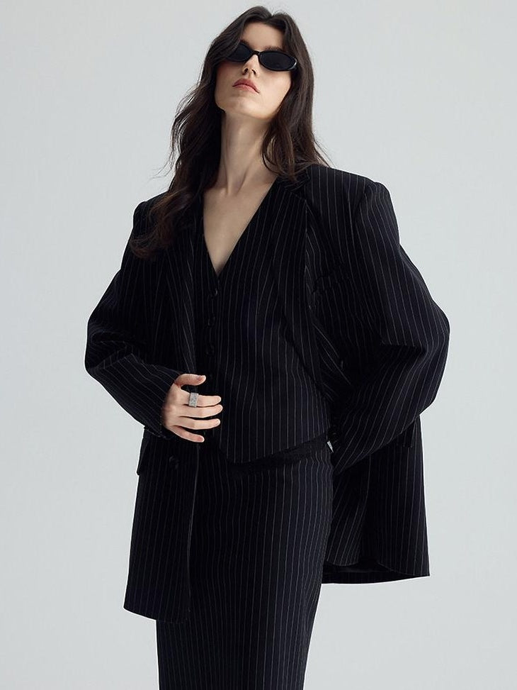 audreyyang Original Design Relaxed Fit Double Breasted Women Black Polyester Blazers
