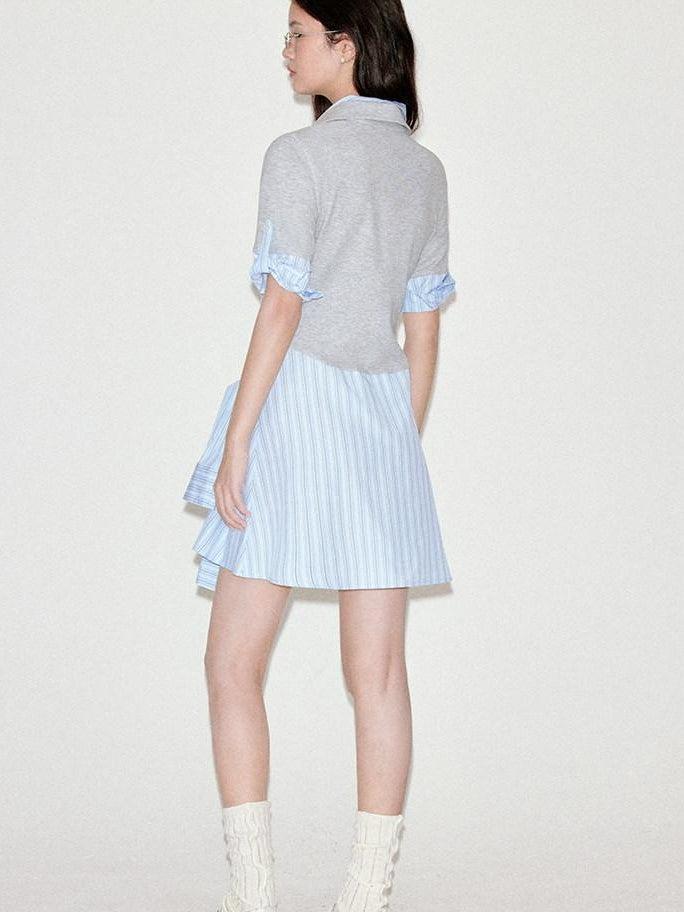 fano High Waist A Line Polo Collar Short Sleeve Cotton Blend Light Blue Midi Dresses