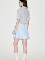 fano High Waist A Line Polo Collar Short Sleeve Cotton Blend Light Blue Midi Dresses