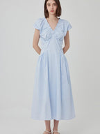 fano Pleated High Waist A Line V-neck Flutter Sleeves 100% Cotton Casual Maxi Dresses