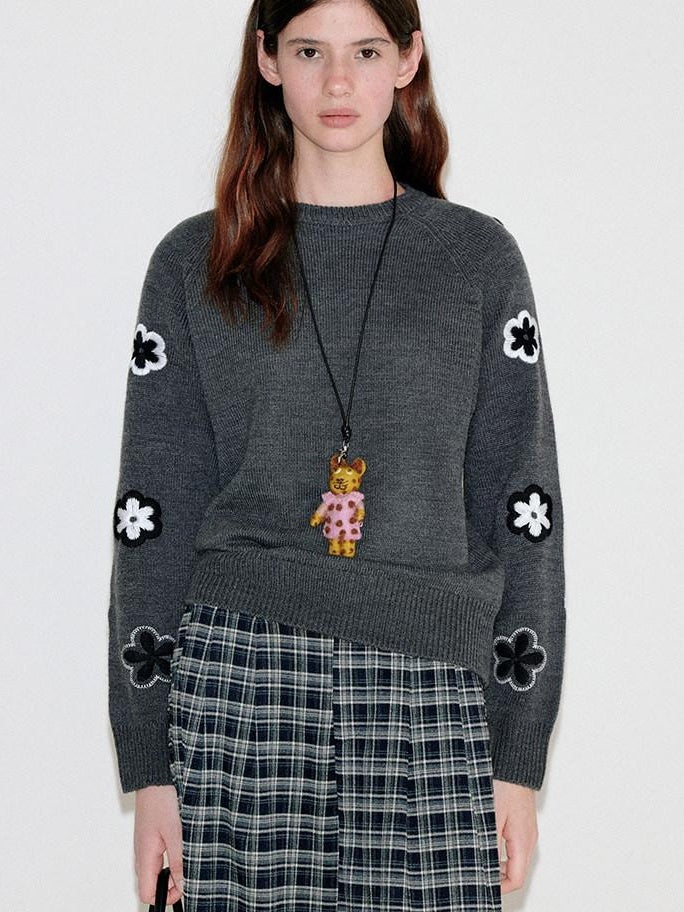 fano Warm Office Loose Crewneck Women Dark Gray Acrylic Knit Sweaters
