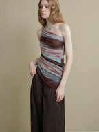 someonesometimes Breathable Tie Dye Stripe Print Slim Fit Versatile Women Off Shoulder Crop Tops