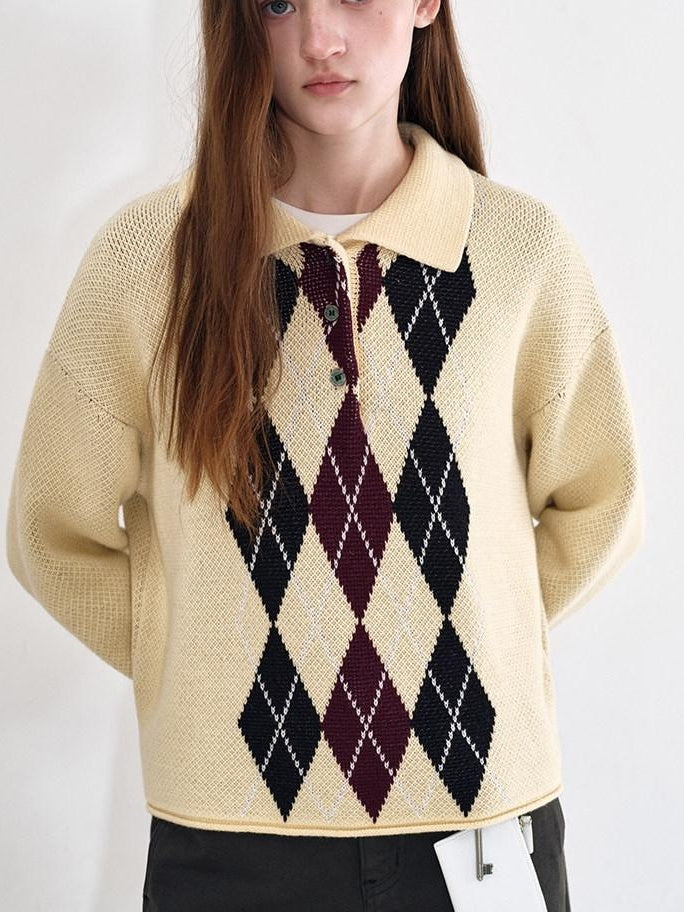 fano Cotton Cashmere Warm Vintage Loose Rolled Edge Pullover Casual Argyle Sweaters