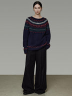 unspoken Warm Jacquard Colorblock Loose Commuter Crewneck Women Acrylic Blend Sweaters