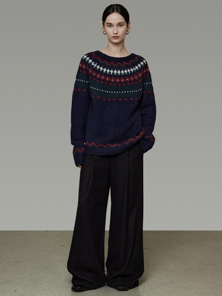 unspoken Warm Jacquard Colorblock Loose Commuter Crewneck Women Acrylic Blend Sweaters