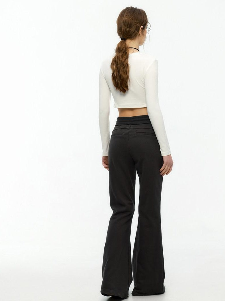 ikyou Minimal Commuter Drawstring Natural Waist Cotton Blend Wrinkle Free Flared Pants