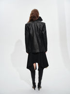 audreyyang Soft Lambskin Vintage Loose Fit Collarless Black Woven Women Leather Jackets