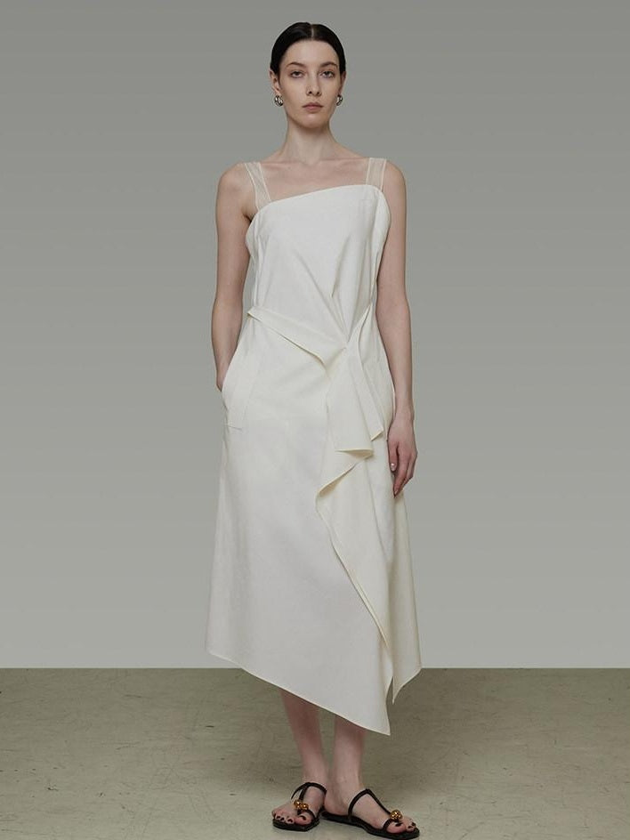 unspoken Cinched Waist Minimalist Asymmetric Spaghetti Strap A Line Midi Maxi Dresses