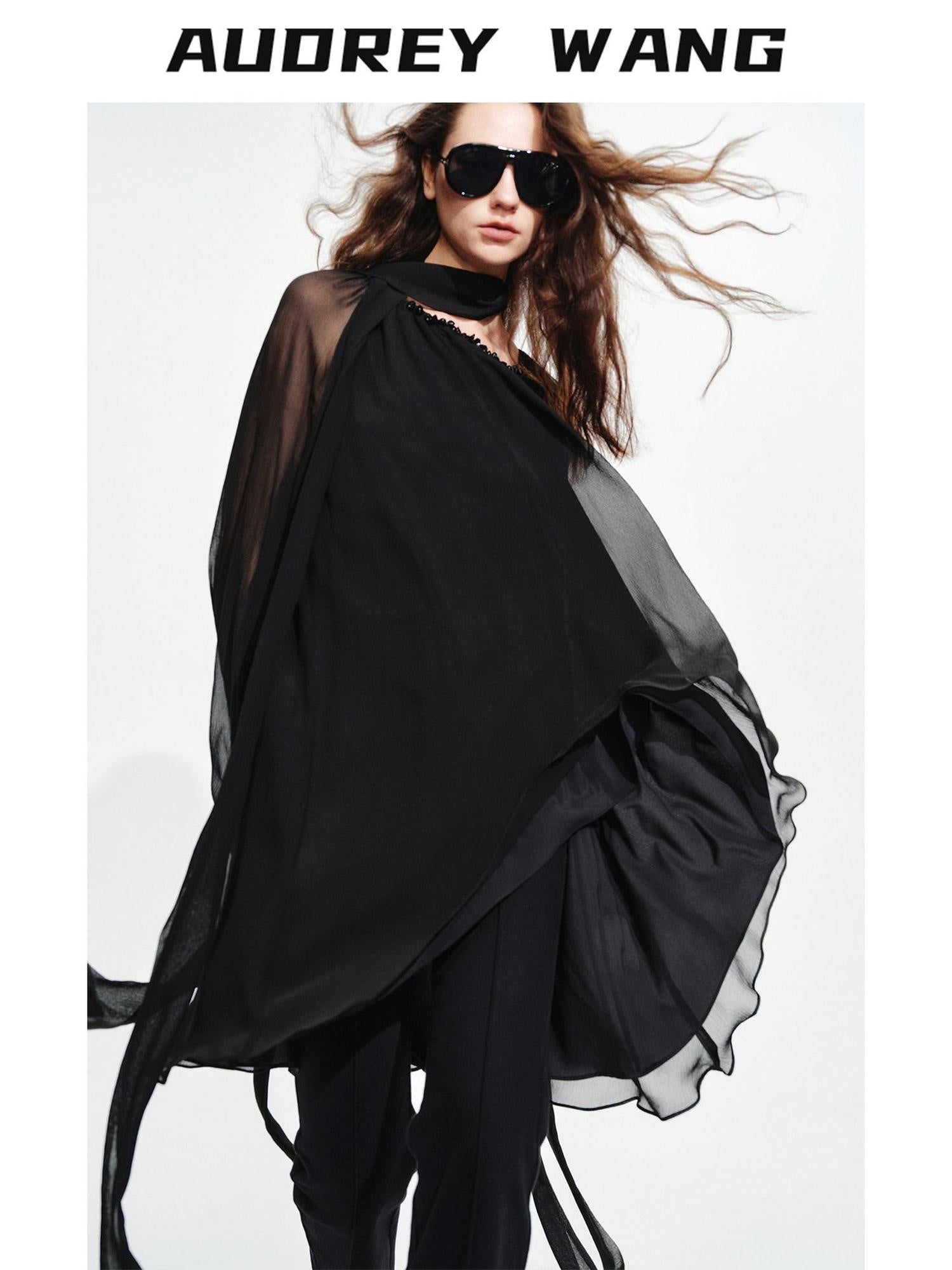 audreyyang Beaded Silk Elegant Loose Lantern Sleeve Tie Neck Black Midi Dresses