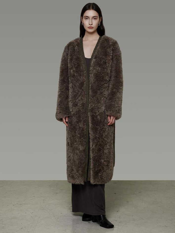 unspoken Warm Belted V-neck Loose Fit Commuter Women Brown Gray Long Coats
