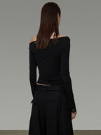 unspoken Lace Patchwork Off Shoulder Slim Fit Casual Knit Long Sleeve Black Blouses