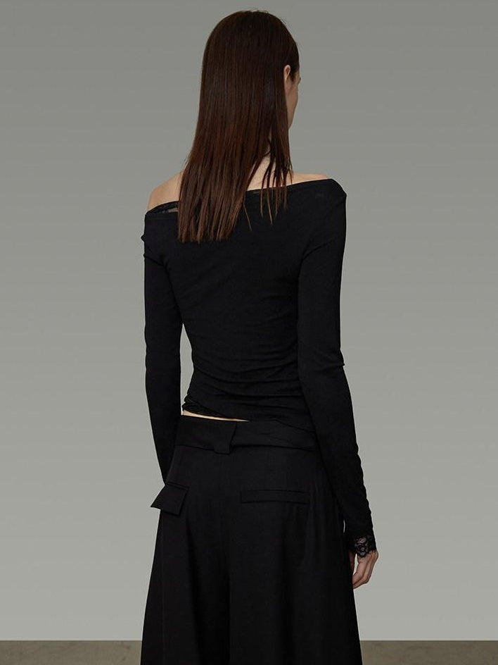 unspoken Lace Patchwork Off Shoulder Slim Fit Casual Knit Long Sleeve Black Blouses