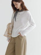 fano Soft Cotton Blend Round Neck Minimal Commuter Women White Long Sleeve T-Shirts