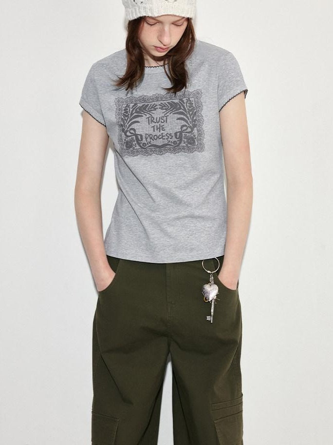 fano Lyocell Blend Heather Gray Printed Slim Korean Crewneck Short Sleeve T-Shirts